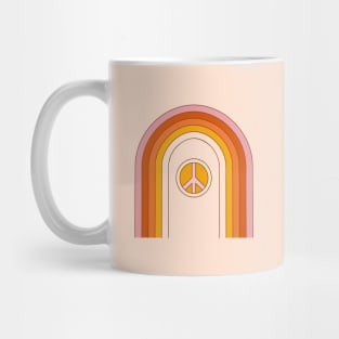 Retro pattern with groovy rainbow, hippie peace sign and flowers. Mug